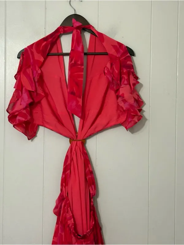 VICI Carlita Ruffle Cutout Maxi Dress Red Pink Tropical Size Medium M - Image 10