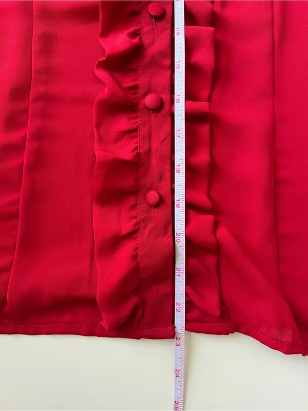 Jaclyn Smith Red Satin Ruffle Button Front 3/4 Balloon Sleeve Blouse Women’s M - Image 12