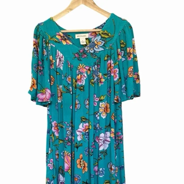 Bechamel Floral Maxi House Dress S Turquoise Pink Boho Cottagecore Artisan Folk - Image 2