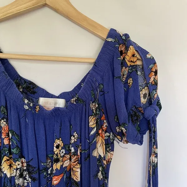 Band of Gypsies Floral Maxi Dress XS Blue Women Off Shoulder Tie Sleeve - Image 2
