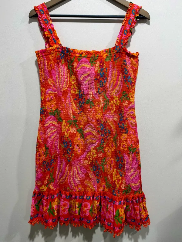 FARM Rio Floral Smocked Mini Dress Ruffle Tie Crochet Hem Large L - Image 5
