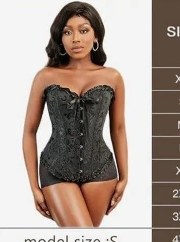 Black Satin Jacquard Lace Up Back Corset Size XL - Image 8