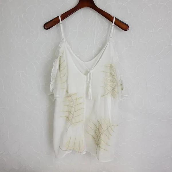 Gimmicks Womens Blouse‎ Size Medium Cream/White Floral Sheer Sleeveless V-Neck - Image 7