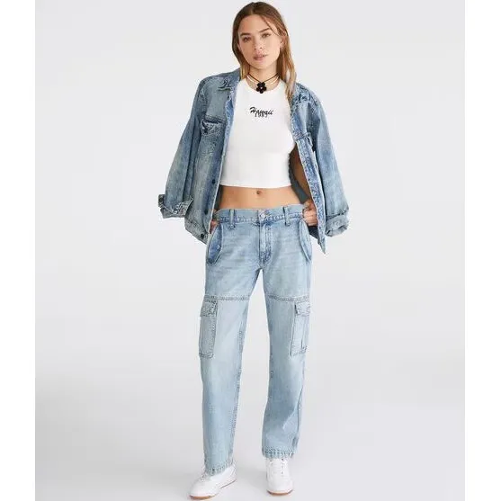 Aeropostale Womens Low Rise Cargo Jeans Light Wash Blue Straight‎ Leg Size S - Image 12
