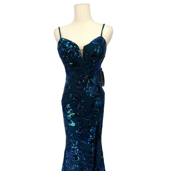 Jovani 08459 Royal‎ Blue Sequin Floral High Slit Mermaid Prom Gown NWT Size 0 - Image 4