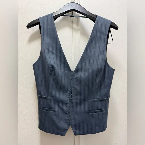 NWT Zara Pinstripe Grey Blue Vest with hook front and straps back Large - Image 4