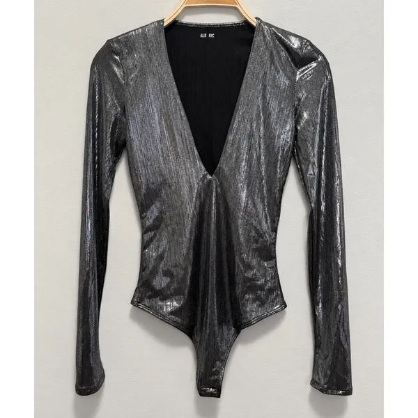 Alix NYC Irving Lamé Bodysuit Small Gunmetal Metallic Deep V-Neck Long Sleeve - Image 3