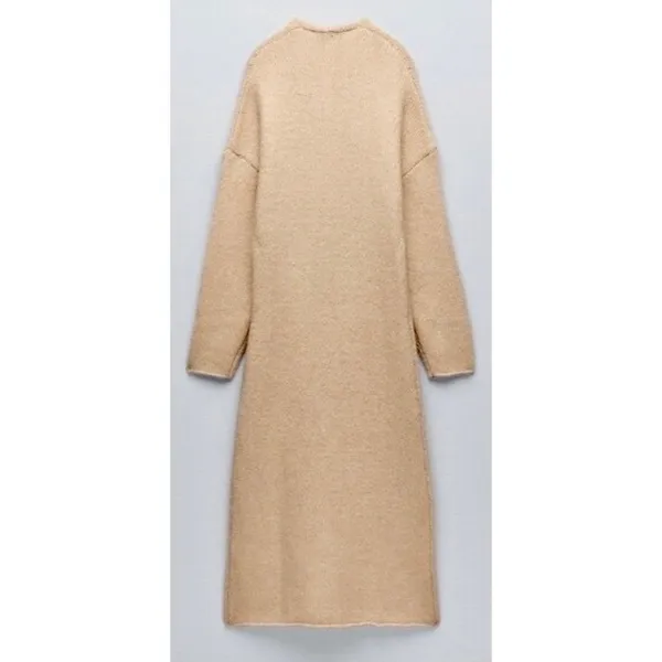 ZARA Alpaca Knit Midi Dress Light Tan Sand Coastal Blogger Favorite Medium - Image 12