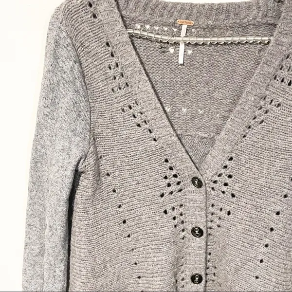 Free People Small‎ Wool Blend Cardigan Sweater Women's Lace Accent Gray Boho - Image 2