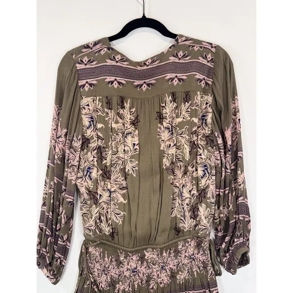 Free People Womens Dress Green Moonlight Floral Mini Smocked A Line Boho Small - Image 11