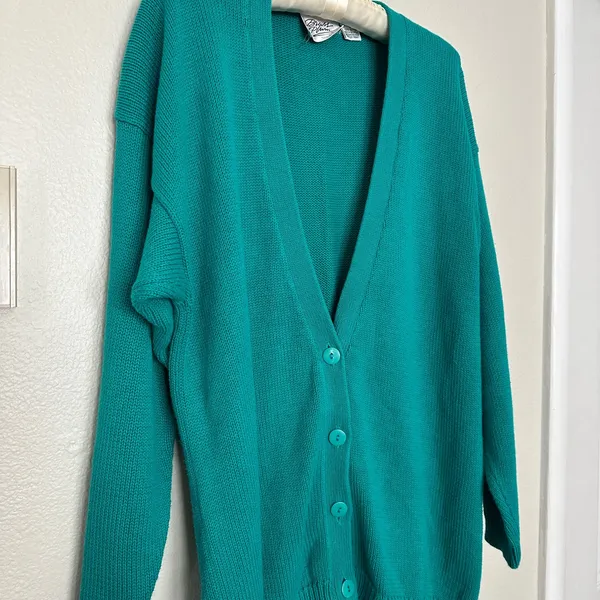 Vintage 90s Nordstrom 100% Cotton Knit Teal Button Up Vneck Cardigan Drop Sleeve - Image 12