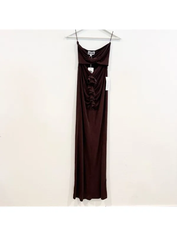 AmyLynn‎ Twist Front Rosette Maxi Dress Small Wedding Guest Romantic Chic Brown - Image 3