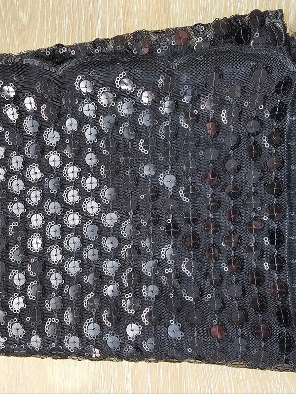Glam Black Sequin Sheer Mesh Wrap Shawl Scarf – Floral Circle Embellished Formal - Image 3