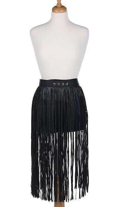 SimplyBeautyful Fringe Faux Leather Long Skirt….One Size….Black - Image 2
