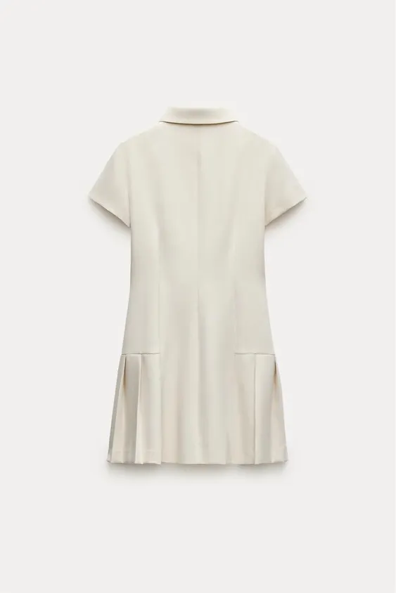 Zara mini dress pleated skirt collar button up ivory casual classic old money - Image 4