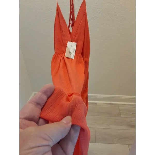 New In Wrinkly Fabric Style Orange Cotton Babydoll Strappy Size L Dress NEW - Image 3