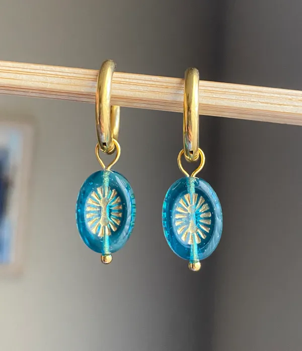Handmade retro vintage chic whimsical style quality Czech glass beads 2WAY hoop dangle earrings🩵 - Image 5