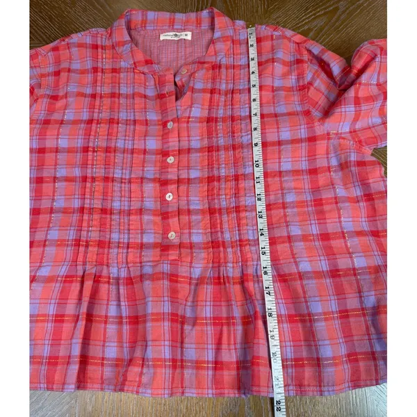 Natural Life Pink Purple Plaid Pintuck Blouse Gold Metallic Cotton Top Medium - Image 8