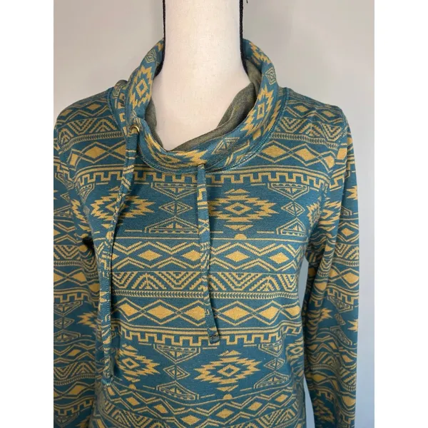 KAVU Women's Skylar semi-fitted cowl neck shirt, green and yellow aztec print XS - Image 4