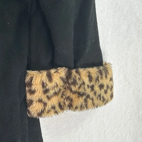 Herman Kay Vintage Black Wool Swing Coat Leopard Faux Fur Trim Plus 1X - Image 6