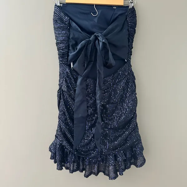 Navy Blue Sparkly Sequins Strapless Short Tie Back Dress Size 8 - Image 6