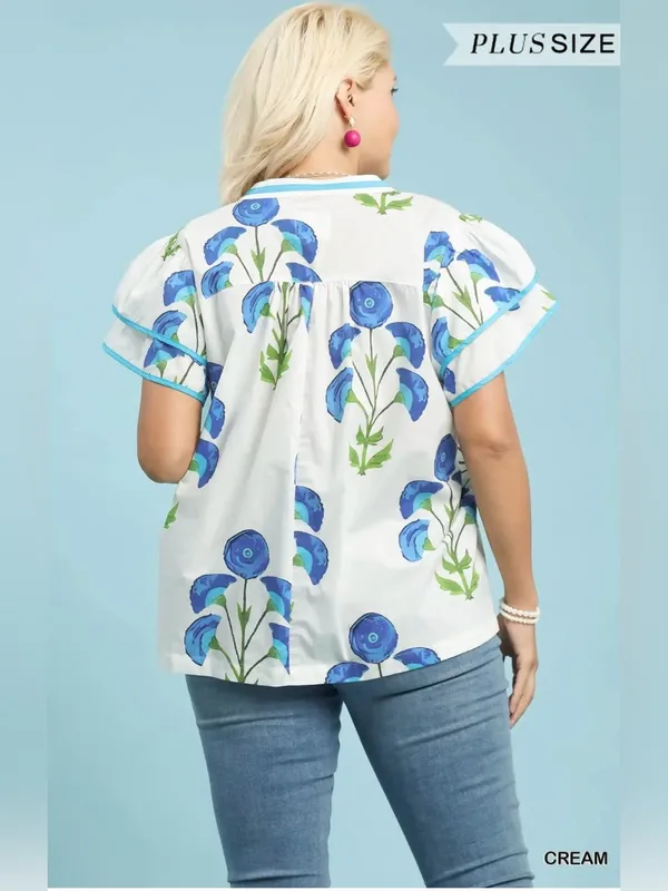 New! Umgee Plus Cotton Cream Floral Popover Top with Blue Accents Size 2X - Image 5