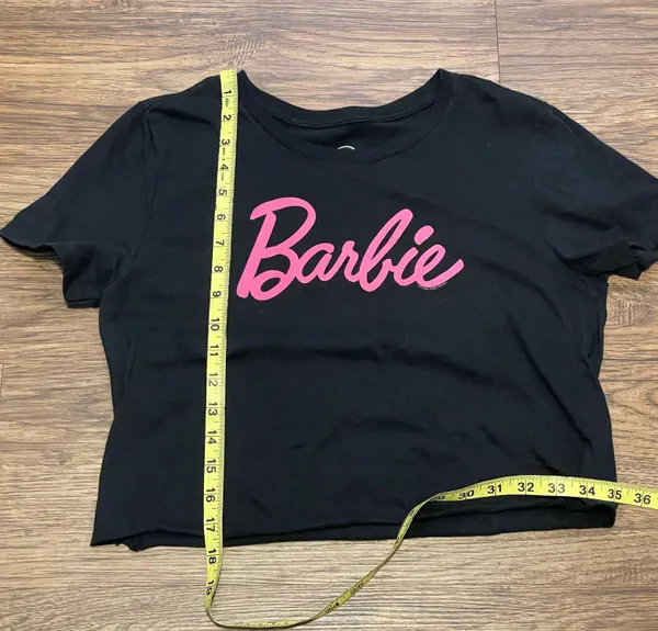 Mattel Barbie Cropped Crew Neck T-shirt Black With Barbie in Pink Writing Small - Image 6