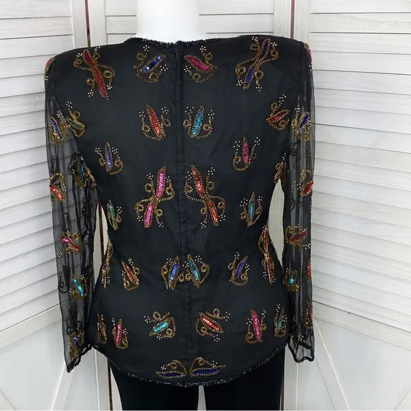 Stenay Vintage Sequin‎ Beaded Silk Blouse Black Multi XL - Image 4