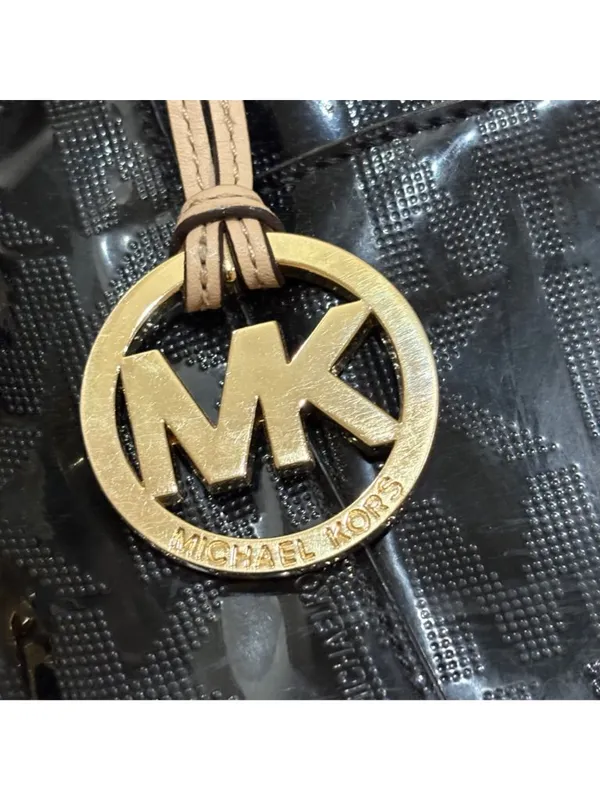 Michael Kors Black Patent MK Logo Tote Bag Shoulder Purse Large - Image 2