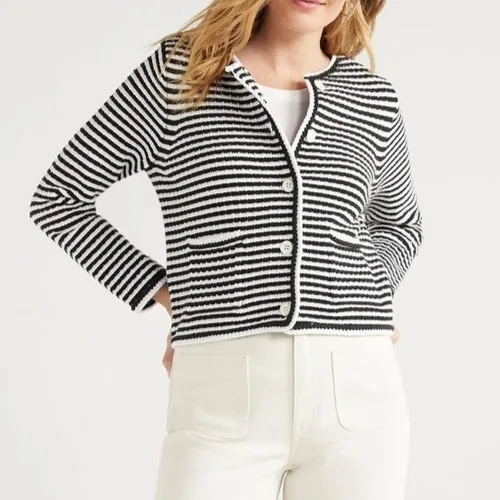 Free Assembly Womens Cardigan Size XS Black Stripe Crochet Trim Long Sleeve Soft - Image 7