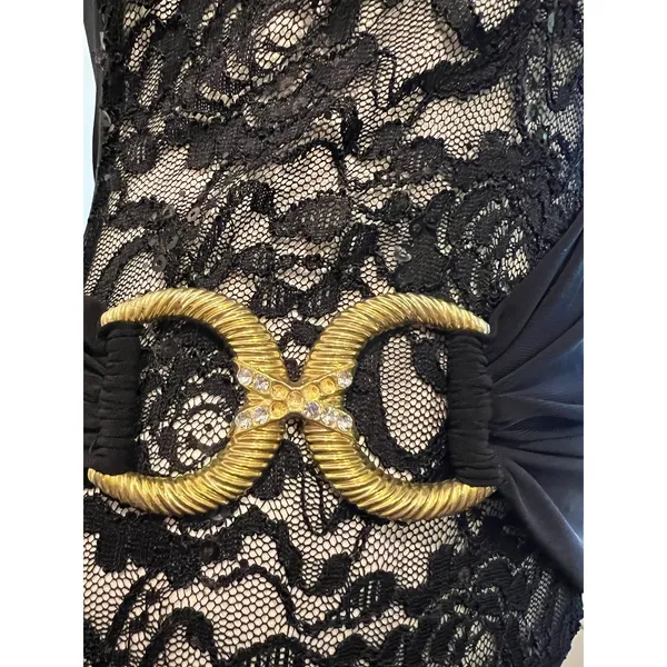 USA De More Y2K Black Stretchy Lace One Shoulder Gold Buckle Dress Size XS - Image 6