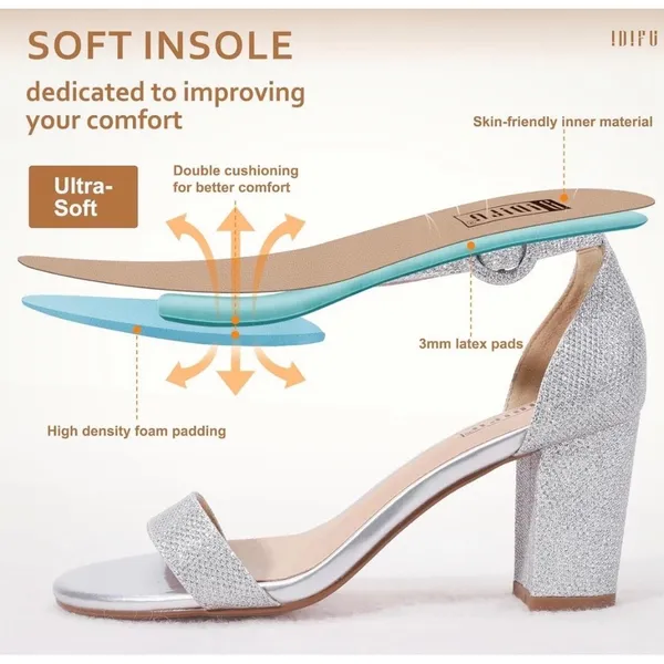 IDIFU Women's IN3 Amy Block Heel Dress Sandals Open‎ Toe Size 9 Silver Glitter - Image 3