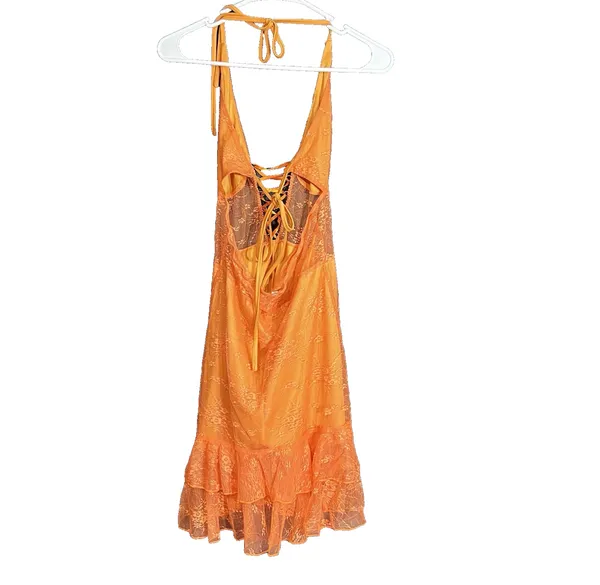 Orange Lace Halter Nighty Sheer Mesh Lace Up Front Ruffle‎ Hem Size M Boho Sexy - Image 3
