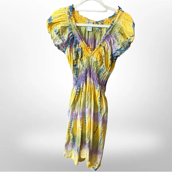 Boho Tie-Dye Peasant Dress | Smocked Waist | Made in India | Size Large - Image 3