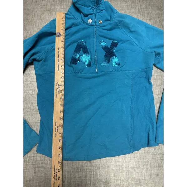 Armani Exchange‎ Pullover Sweatshirt Womens XL Turquoise Blue Good Sequin Logo - Image 8