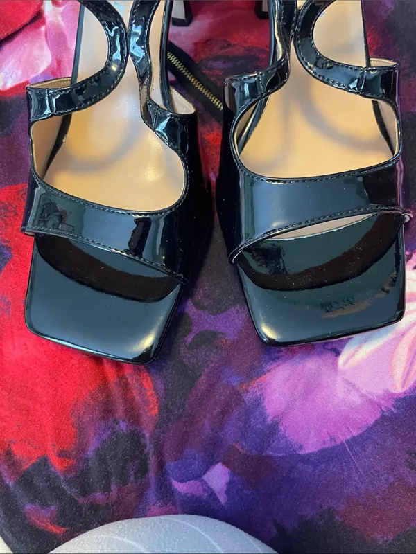 Black Patent Strappy Square-Toe Women's Heels with Ankle Wrap - Image 3