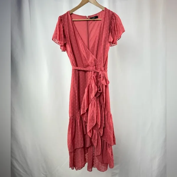 Lulus Have Harmony Swiss Dot Ruffled Faux Wrap Midi Dress in Mauve Size Medium‎ - Image 5