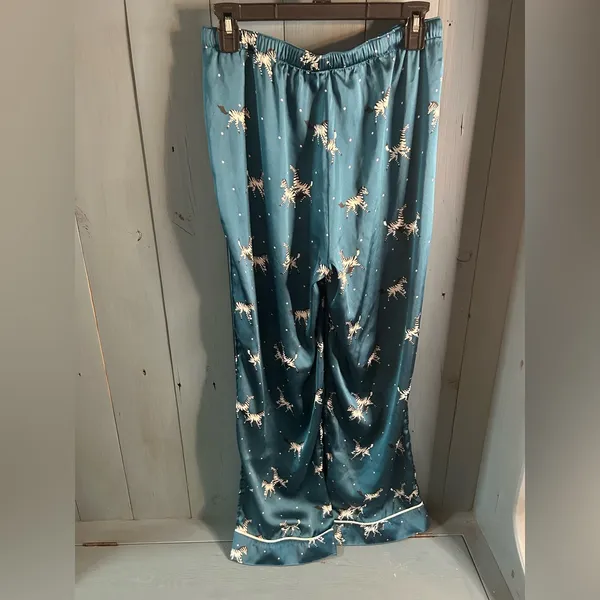 LOFT Teal Satin Sleep Pants with White & Black Zebra Print | Size Small - Image 2