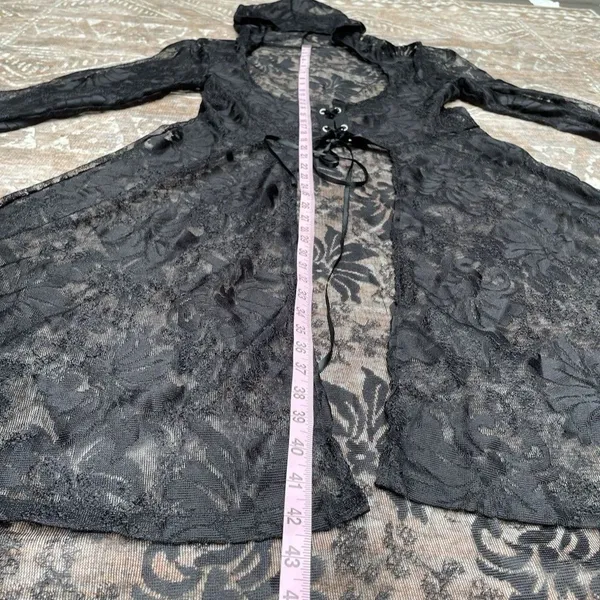Whimsigoth Witchy Goth Hooded Sheer Lace Maxi Duster Cardigan Black Victorian M - Image 11