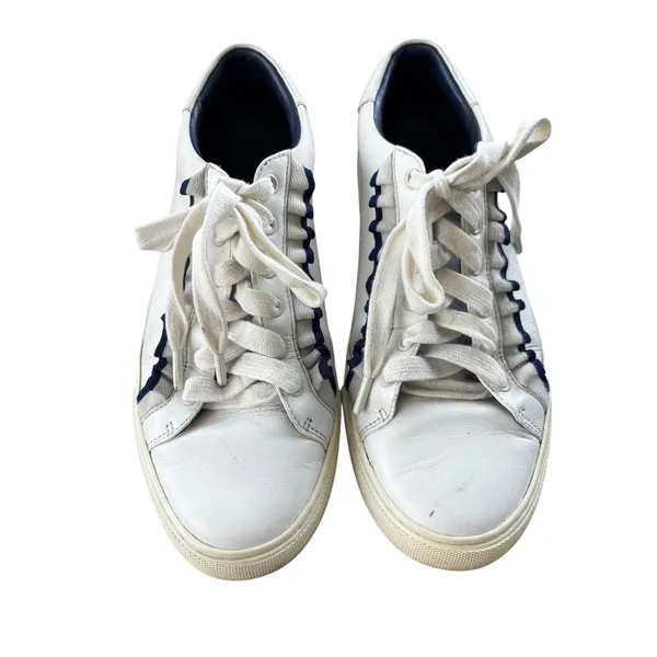 Tory Burch Sport‎ Ruffle Howell Court Sneakers 9 White Navy Leather Athletic - Image 11