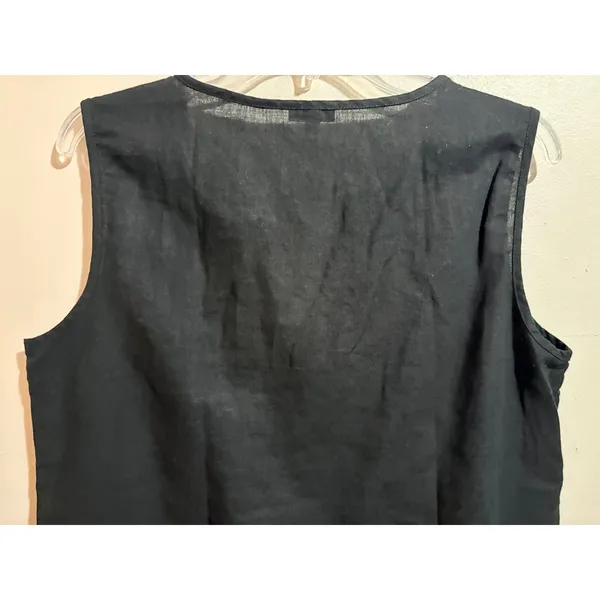 Talbots Embroidered Sleeveless Top 10 Black Excellent‎ Linen Blend Split Neck - Image 8