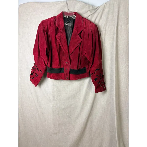 Vintage Phoenix Burgundy Black Suede Cutout Cropped Jacket‎ M Art Western AS IS - Image 13