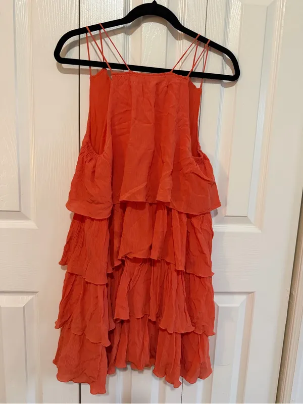 Apiece Apart Canyons Tiered Ruffle Mini Dress Silk-Crepe Coral Size 4 - Image 3