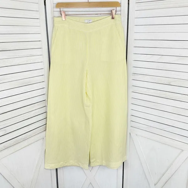 Loft Striped Linen Blend Wide Leg Crop Pants‎ Yellow White Small Lined Preppy - Image 9
