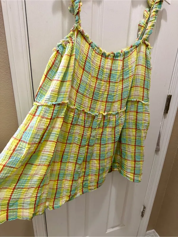 Anthropologie Plaid gauze Ruffle Mini Dress Boho Babydoll yellow size XL - Image 6
