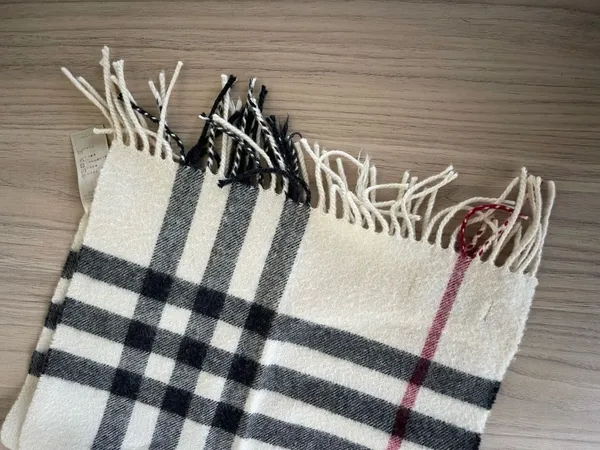 Burberry Cream Plaid Cashmere Scarf with Black and Burgundy Stripes - Image 5