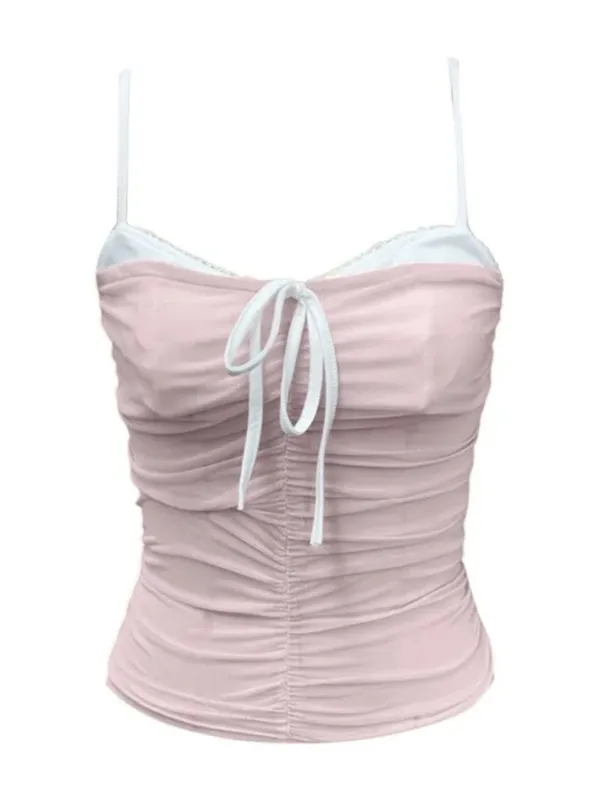 Women's Ruched Corset Cami Tank Top Light Pink White Semi-Sheer Sweetheart Neck - Image 2