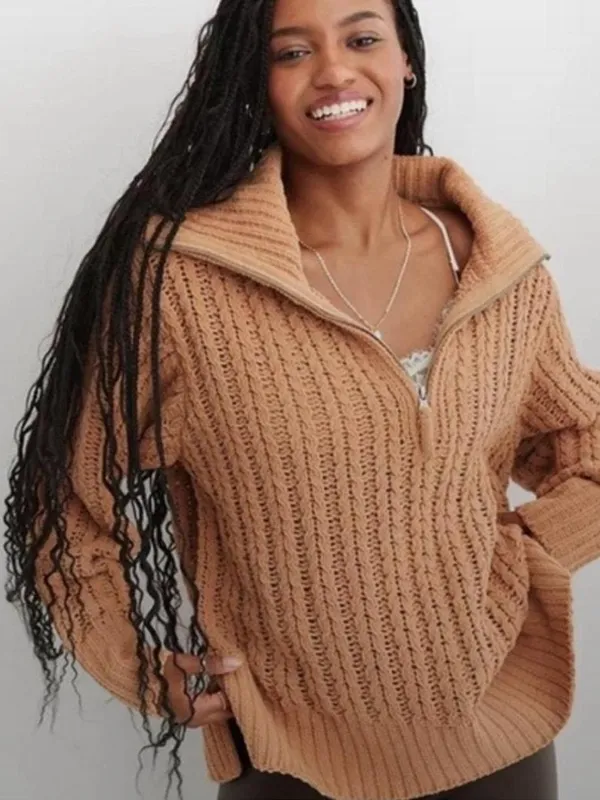 Aerie Cable Car Knit Quarter Zip Pullover Sweater Warm Camel size Medium $98 - Image 3