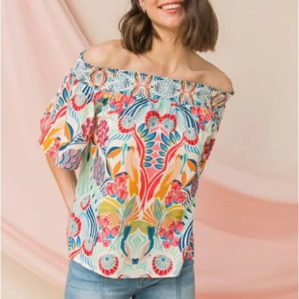 Flying Tomato Floral Bird Blouse L Multicolor Off Shoulder Boho Smocked Bold Top - Image 8