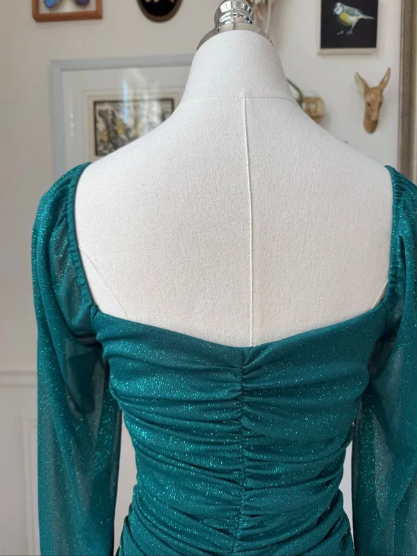 Vintage Y2K Jump Apparel Green Glitter Ruched Long Sleeve Mini Dress XS - Image 7